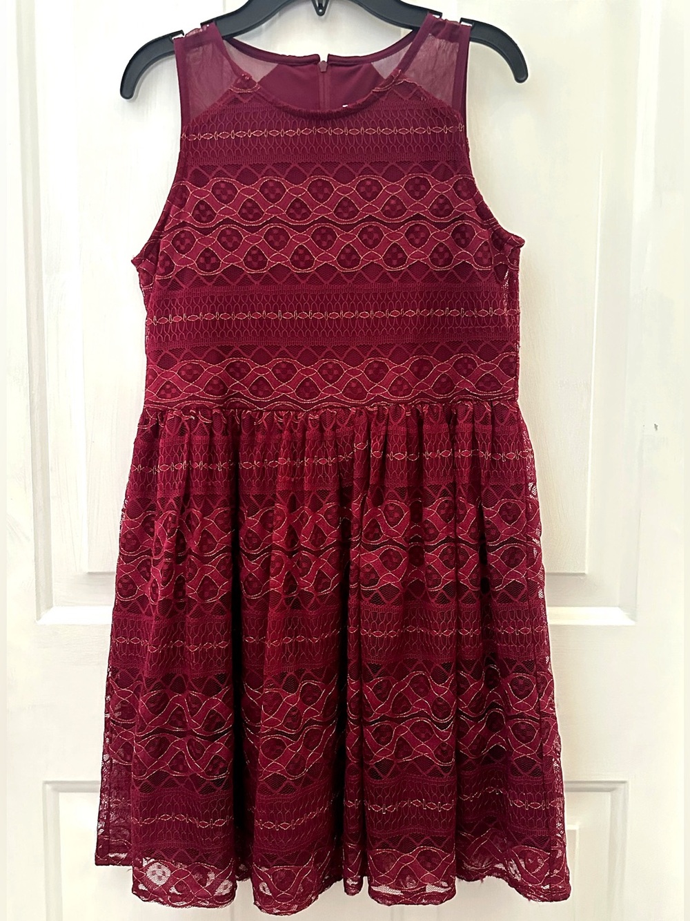 Girls' Burgundy Lace Overlay Party Dress with Gold Accents NWT